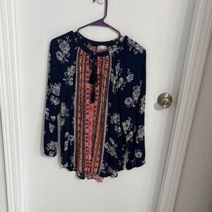Navy Floral Tunic with Coral Front Panel and Tassel Tie